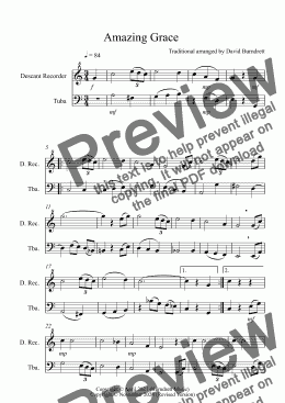 page one of Amazing Grace for Descant Recorder and Tuba Duet