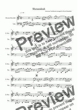 page one of Shenandoah for Descant Recorder and Tuba Duet