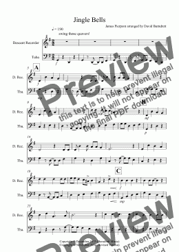 page one of Jingle Bells (Jazzy Style!) for Descant Recorder and Tuba Duet