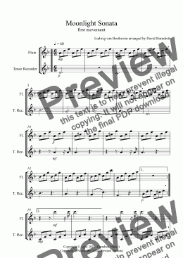 page one of Moonlight Sonata (1st movement) for Flute and Tenor Recorder Duet