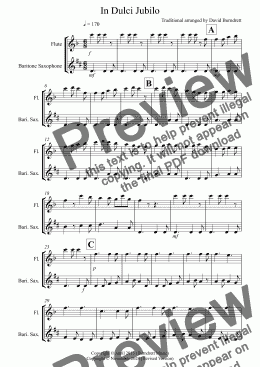 page one of In Dulci Jubilo for Flute and Baritone Saxophone Duet