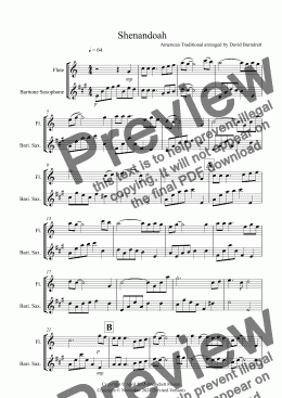 page one of Shenandoah for Flute and Baritone Saxophone Duet