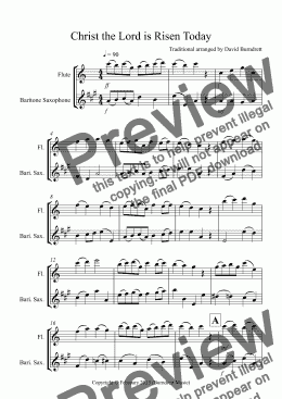 page one of Christ the Lord is Risen Today for Flute and Baritone Saxophone Duet