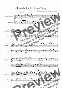 page one of Christ the Lord is Risen Today for Alto Saxophone and Trombone Duet