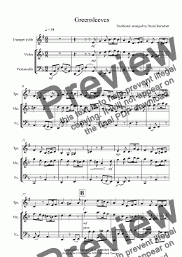 page one of Greensleeves for Trumpet, Violin and Cello Trio