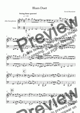 page one of Blues Duet for Alto Saxophone and Tuba Duet