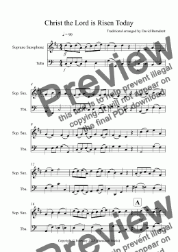 page one of Christ the Lord is Risen Today for Soprano Saxophone and Tuba Duet