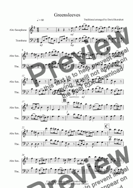 page one of Greensleeves for Alto Saxophone and Trombone Duet