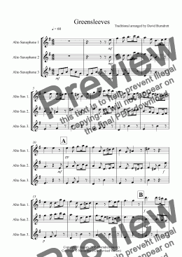 page one of Greensleeves for Alto Saxophone Trio