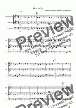 page one of Ode to Joy for Trumpet, Horn and Cello Trio