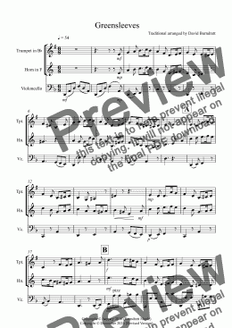 page one of Greensleeves for Trumpet, Horn and Cello Trio