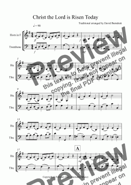 page one of Christ the Lord is Risen Today for Horn and Trombone Duet