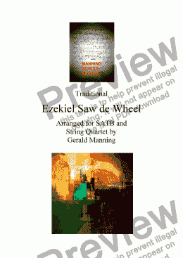 page one of African-American Spirituals - Ezekiel Saw de Wheel - arranged for SATB & String Quartet by Gerald Manning