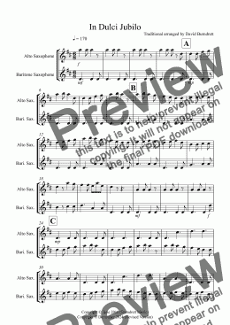 page one of In Dulci Jubilo for Alto and Baritone Saxophone Duet