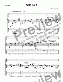 page one of Piazzola, Asstor - Cafe 1930 for trumpet С & guitar