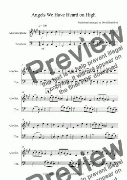 page one of Angels We Have Heard on High for Alto Saxophone and Trombone Duet