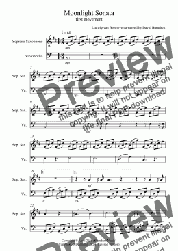 page one of Moonlight Sonata (1st movement) for Soprano Saxophone and Cello Duet