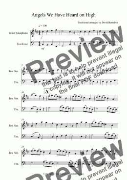 page one of Angels We Have Heard on High for Tenor Saxophone and Trombone Duet