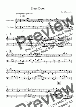 page one of Blues Duet for Clarinet and Trombone Duet