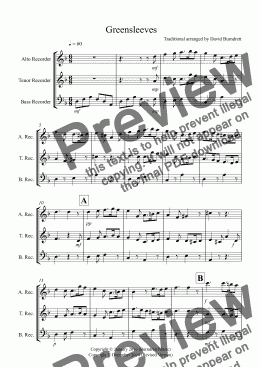 page one of Greensleeves for Alto, Tenor and Bass Recorder Trio