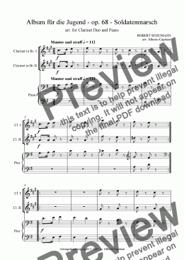 page one of Album für die Jugend - op. 68 - Soldatenmarsch - arr. for Clarinet Duo and Piano