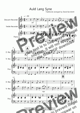 page one of Auld Lang Syne for Descant and Treble Recorder Duet