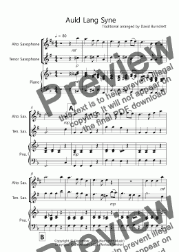 page one of Auld Lang Syne for Alto and Tenor Saxophone Duet