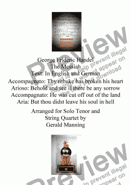 page one of Reliquary of Sacred Music - Handel, G.F. - Solos 'Thy Rebuke', 'Behold and see', 'He was cut off' and 'But Thou didst not leave', from Messiah -  arr. for Solo Tenor and String Quartet by Gerald Manning