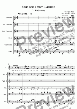 page one of Four Arias from 'Carmen' for Soprano & Brass Quintet