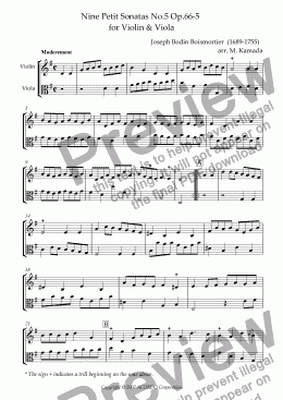 page one of Nine Petit Sonatas No.5 Op.66-5 for Violin & Viola