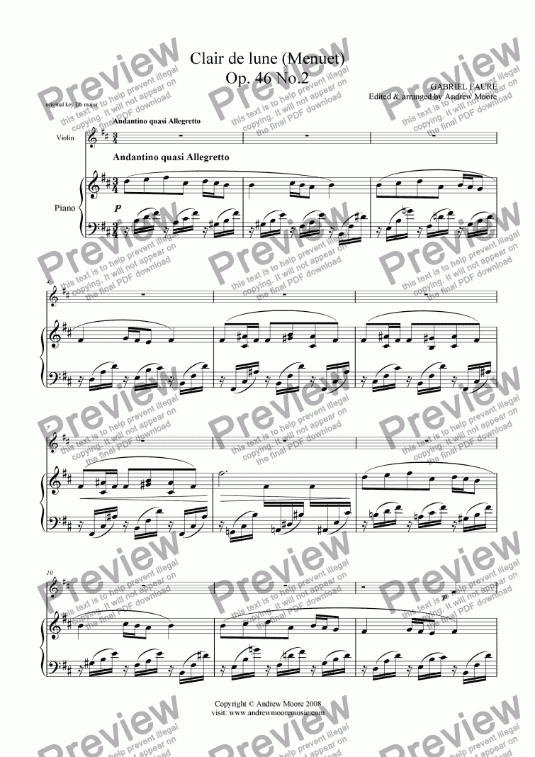 Clair De Lune Arranged For Violin And Piano Sheet Music Pdf File