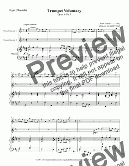 page one of Stanley Trumpet Voluntary for two Descant Recorders & Organ (no pedals)