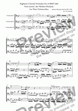 page one of Eighteen Chorale Preludes No.10 BWV.660 Nun komm’ der Heiden Heiland. for Thee Violoncellos
