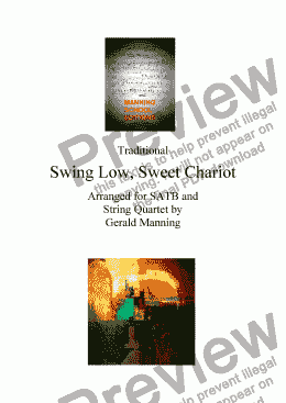 page one of African-American Spirituals - Swing Low, Sweet Chariot - arranged for SATB & String Quartet by Gerald Manning