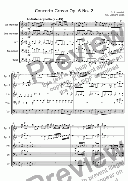 page one of Concerto Grosso Op. 6 No. 2 for Brass Quintet