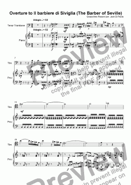 page one of Overture to Il barbiere di Siviglia (The Barber of Seville) for trombone and piano