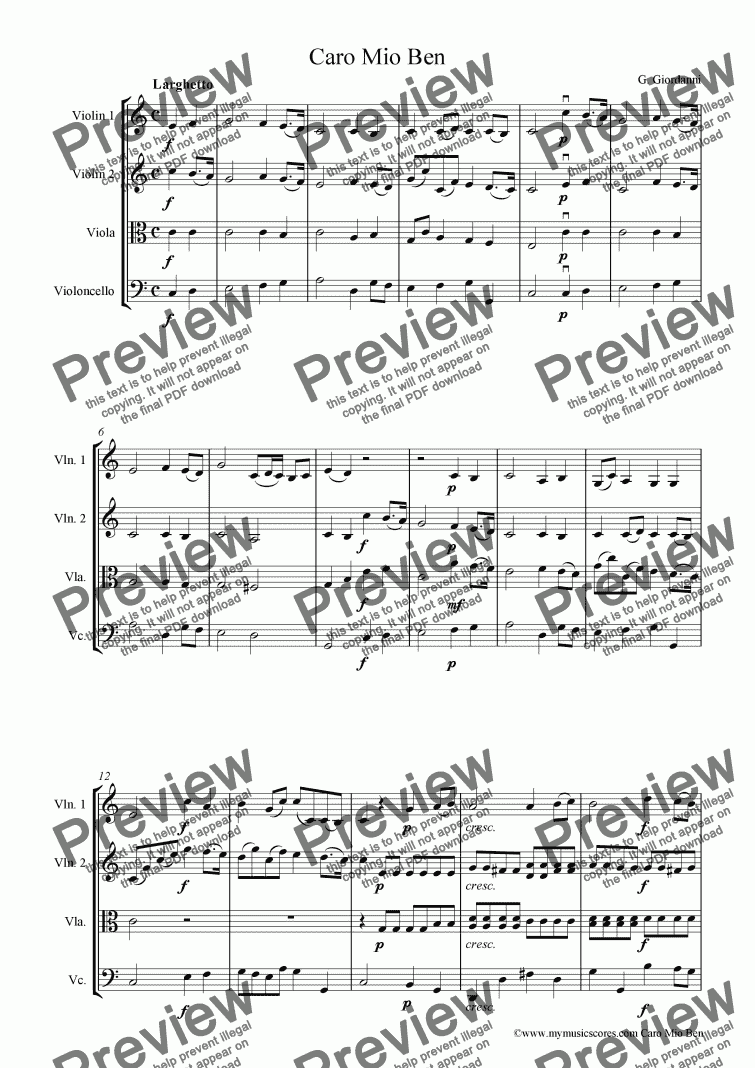 Giordani Caro Mio Ben for String Quartet - Download Sheet Music PDF