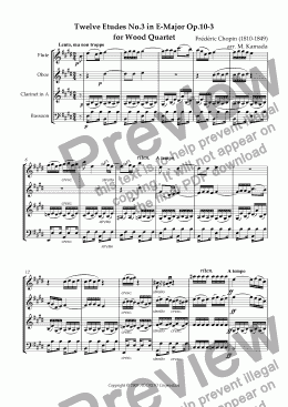 page one of Twelve Etudes No.3 in E-Major Op.10-3 for Wood Quartet