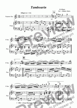 page one of Tambourin   (Hasse's,  Soprano Sax and Piano)