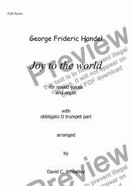 page one of Handel - Joy to the world for mixed voices (SATB + organ + optional D trumpet)