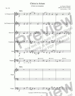 page one of Christ is Arisen (Christ ist erstanden) (Easter Hymn) for Brass Quintet, Timpani and Organ