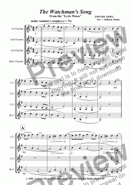 page one of Watchman’s Song The   (Clarinet Quartet)