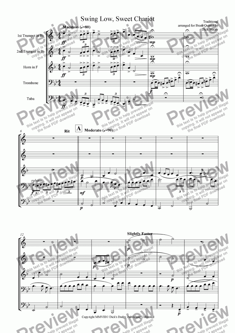 Swing Low Sweet Chariot For Brass Quartet By Anon Sheet Music Pdf File To Download