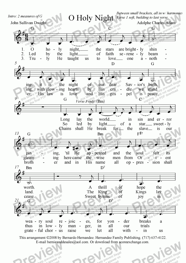 O Holy Night - Leadsheet for Piano/Vocal/Guitar Lowered to G - Buy PDF