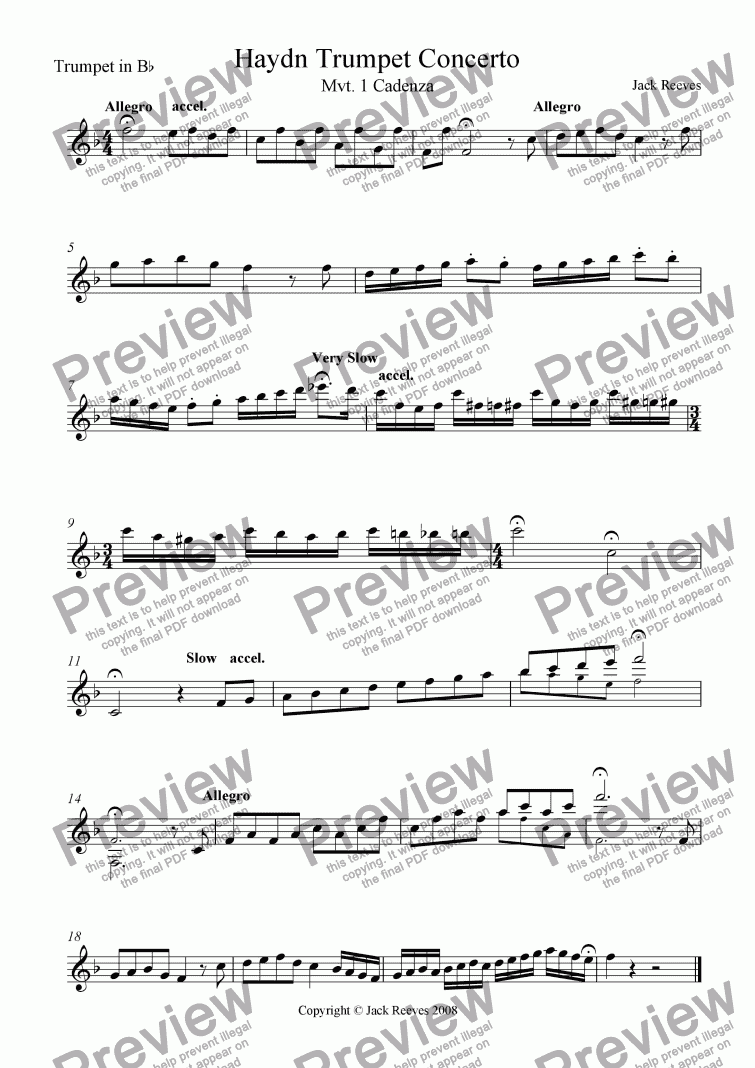 Haydn Trumpet Concerto - Cadenza - Bb Trumpet - Sheet Music PDF File