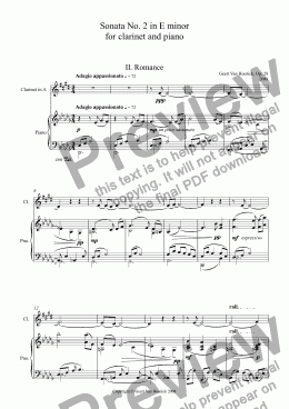 page one of Sonata No. 2 in E minor for clarinet and piano, Op. 28 - II. Romance