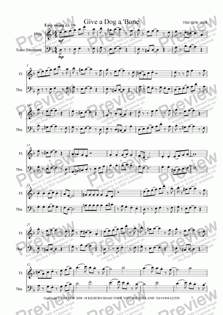 Give a Dog a ’Bone (flute and trombone duet) Sheet Music PDF file