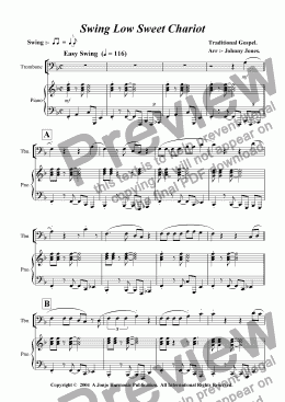 page one of Swing Low Sweet Chariot   ( 8 Bar Blues, Trombone and Piano )