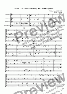 page one of Pavane, ’The Earle of Salisbury’ for Clarinet Quartet