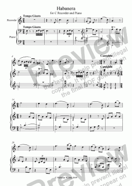 page one of Habanera for C Recorder and Piano